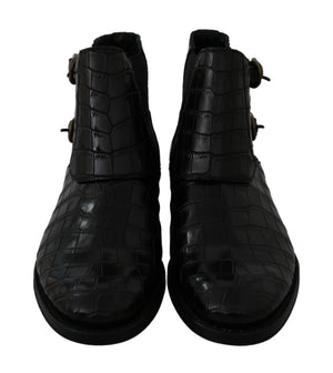 Schwarzes Krokodilleder Derby Stiefel Schuhe