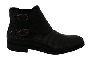Schwarzes Krokodilleder Derby Stiefel Schuhe