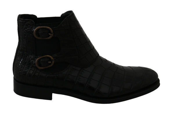 Schwarzes Krokodilleder Derby Stiefel Schuhe
