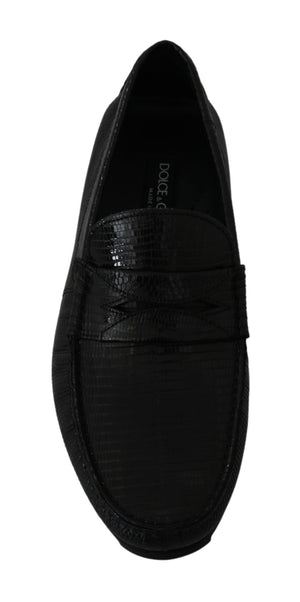 Schwarzes Eidechsenleder Flache Loafers Schuhe