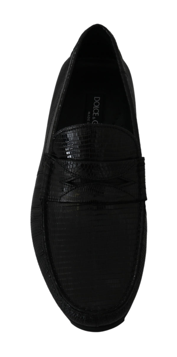 Schwarzes Eidechsenleder Flache Loafers Schuhe