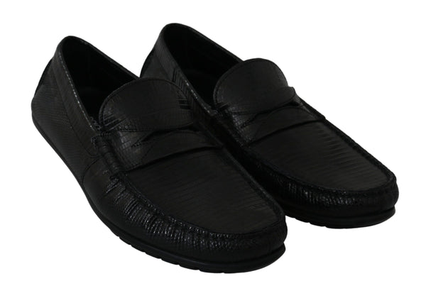 Schwarzes Eidechsenleder Flache Loafers Schuhe
