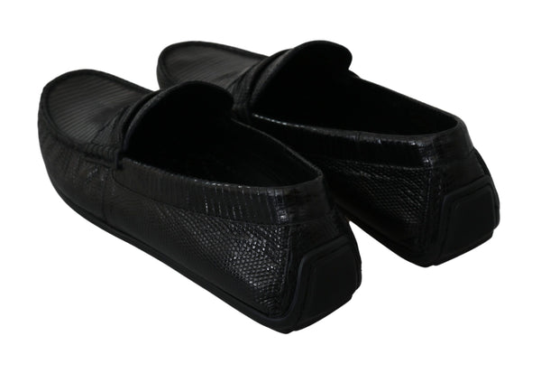 Schwarzes Eidechsenleder Flache Loafers Schuhe