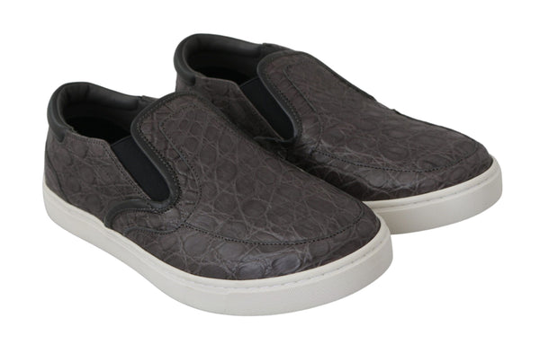 Graues Leder Flache Kaiman Herren Loafers Schuhe