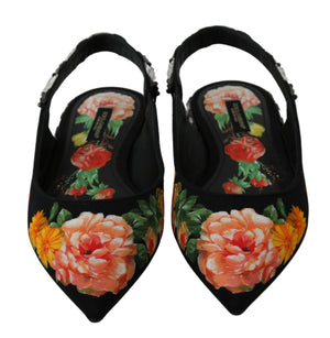 Schwarz Floral Kristall Slingbacks Flats Schuhe