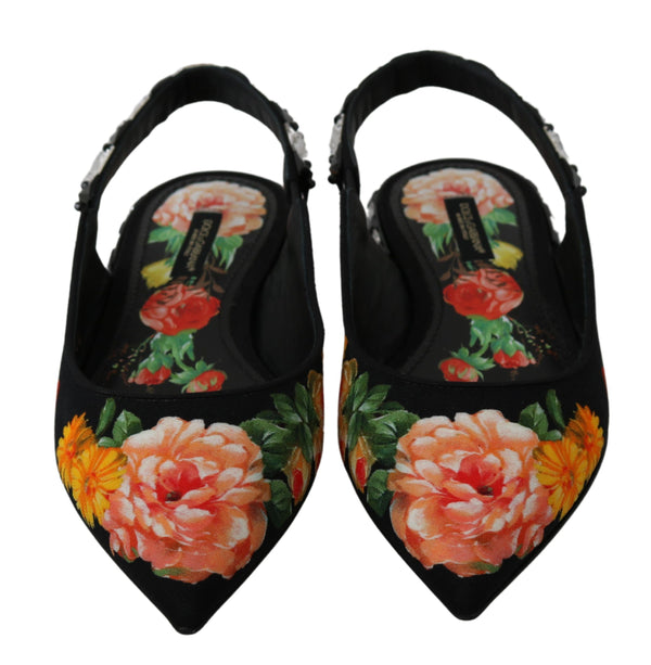 Schwarz Floral Kristall Slingbacks Flats Schuhe