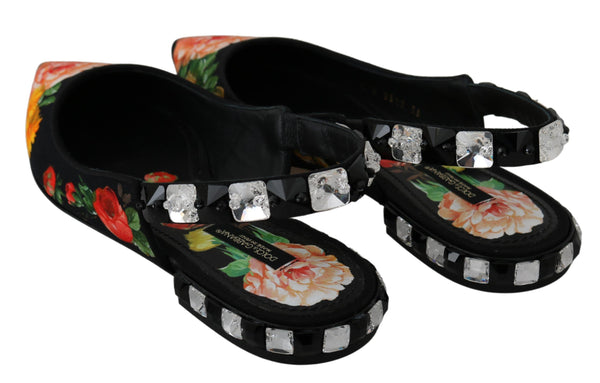 Schwarz Floral Kristall Slingbacks Flats Schuhe