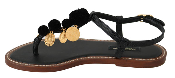 Schwarzes Leder Münzen Flip Flops Sandalen Schuhe