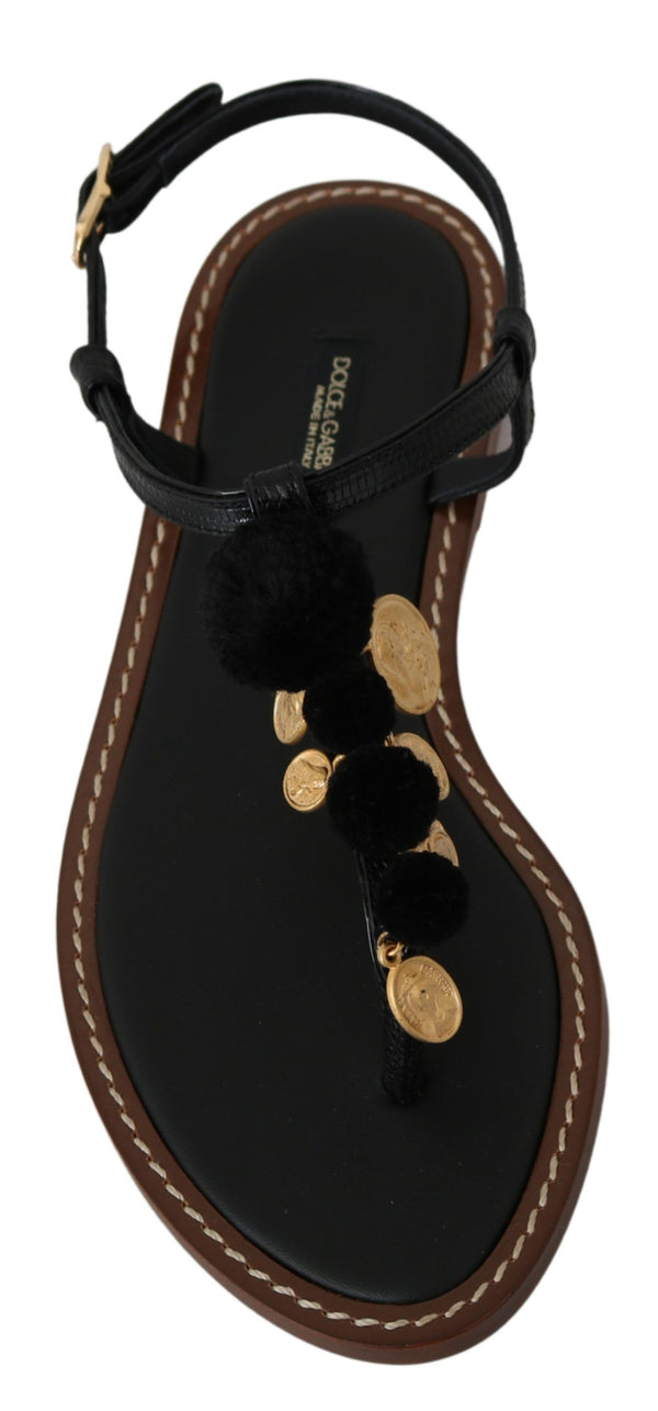 Schwarzes Leder Münzen Flip Flops Sandalen Schuhe