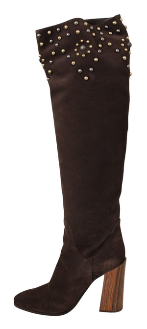 Braunes Wildleder Nieten Kniehohe Schuhe Stiefel