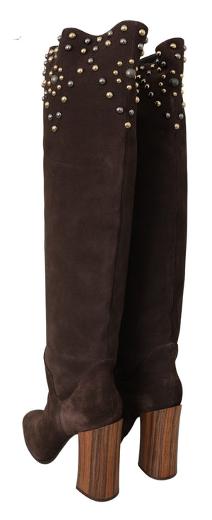 Braunes Wildleder Nieten Kniehohe Schuhe Stiefel