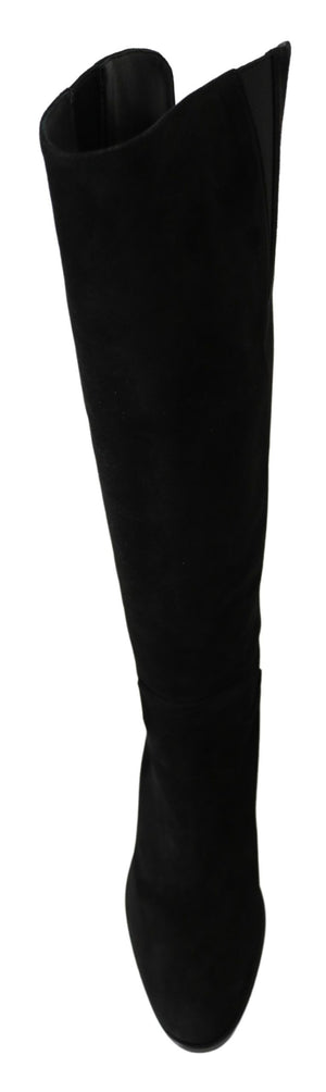 Schwarze kniehohe flache Wildlederstiefel Schuhe