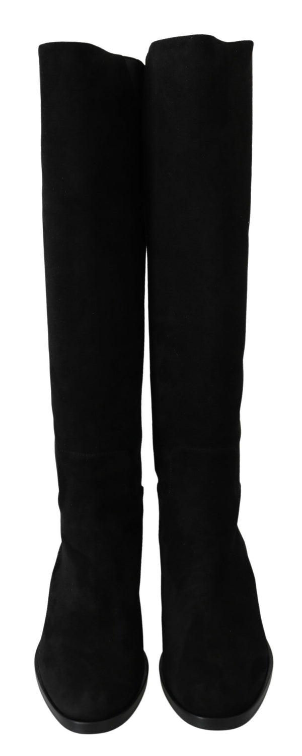 Schwarze kniehohe flache Wildlederstiefel Schuhe