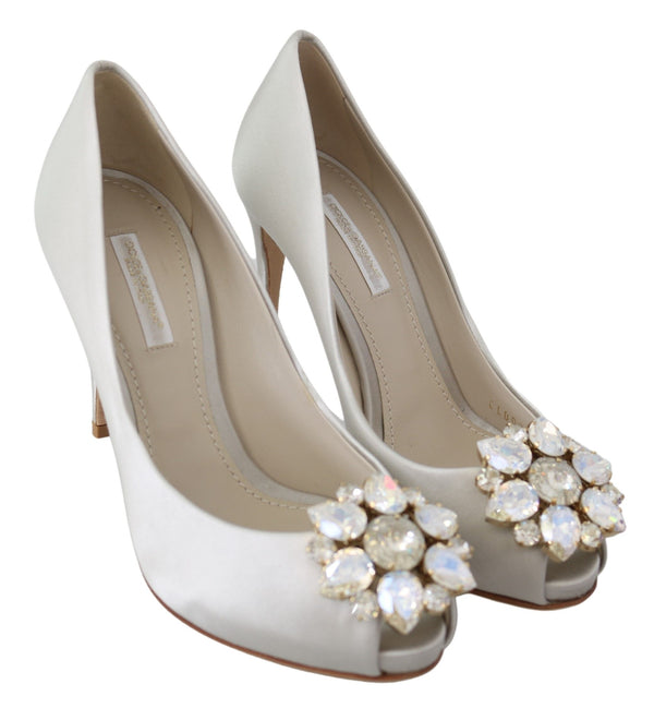 Weiß Crystals Peep Toe Heels Satin Pumps Schuhe