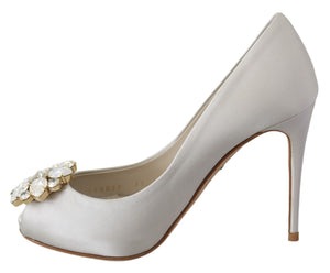 Weiß Crystals Peep Toe Heels Satin Pumps Schuhe