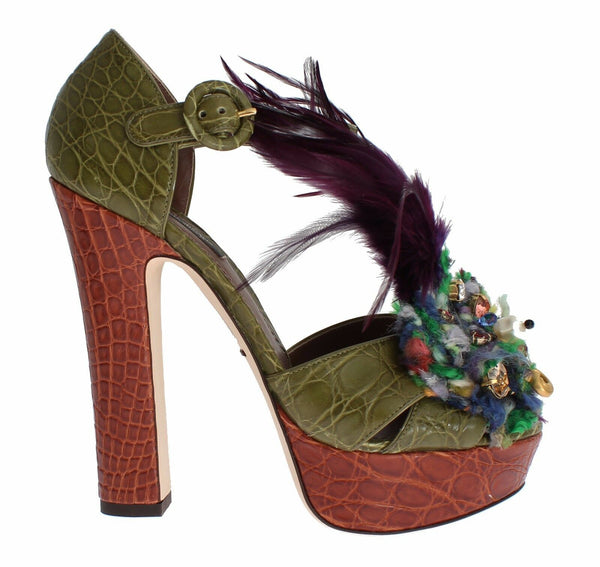 Grüne Leder Kristall Plateau Sandale Schuhe