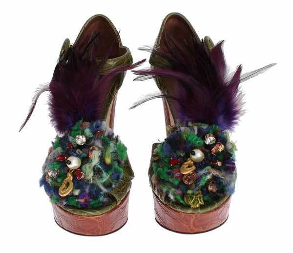 Grüne Leder Kristall Plateau Sandale Schuhe