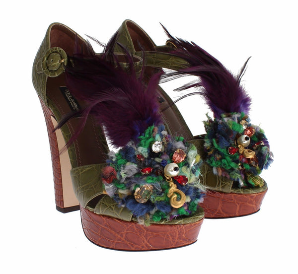 Grüne Leder Kristall Plateau Sandale Schuhe