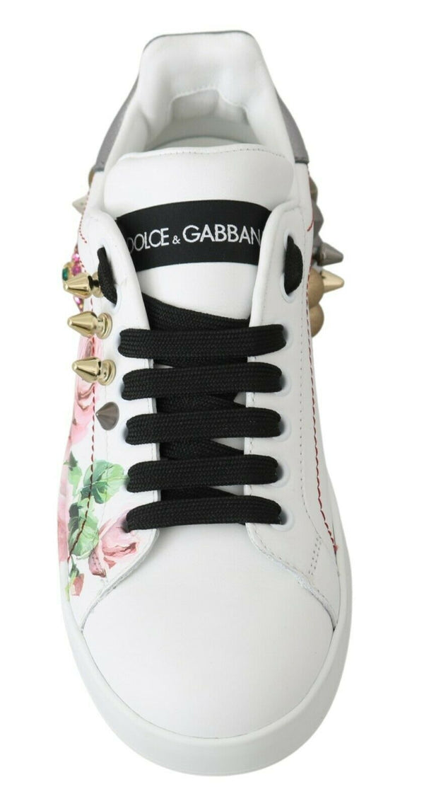 Weißes Leder Kristall Rosen Floral Turnschuhe Schuhe