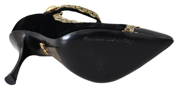 Schwarzer Samt Gold Mary Janes Pumps