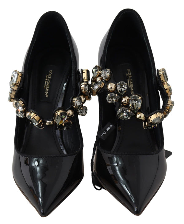 Schwarz Leder Kristall Schuhe Mary Jane Pumps