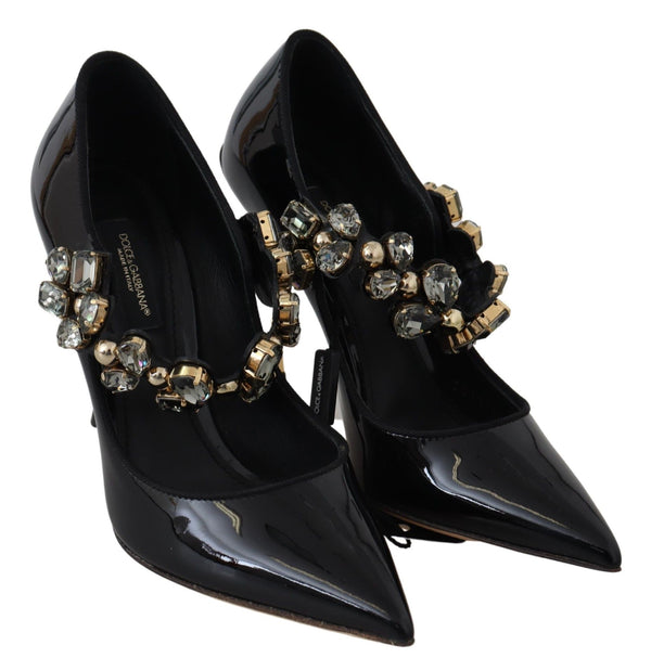 Schwarz Leder Kristall Schuhe Mary Jane Pumps
