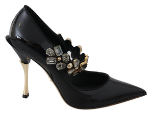 Schwarz Leder Kristall Schuhe Mary Jane Pumps