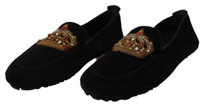 Schwarzes Leder Crystal Gold Crown Loafers Schuhe