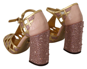 Rosa Gold Leder Kristall Pumps T-Riemen Schuhe