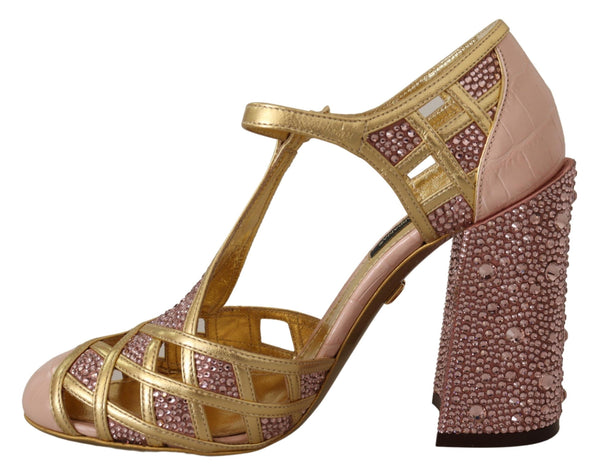 Rosa Gold Leder Kristall Pumps T-Riemen Schuhe