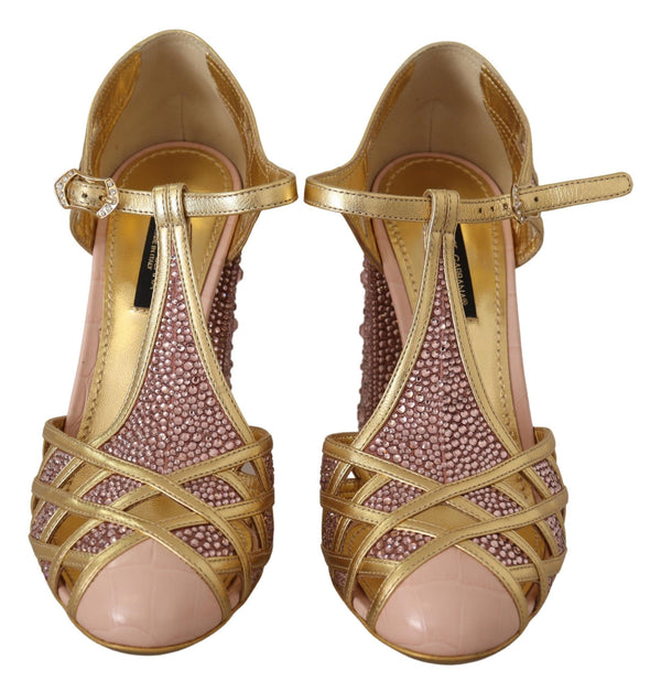 Rosa Gold Leder Kristall Pumps T-Riemen Schuhe