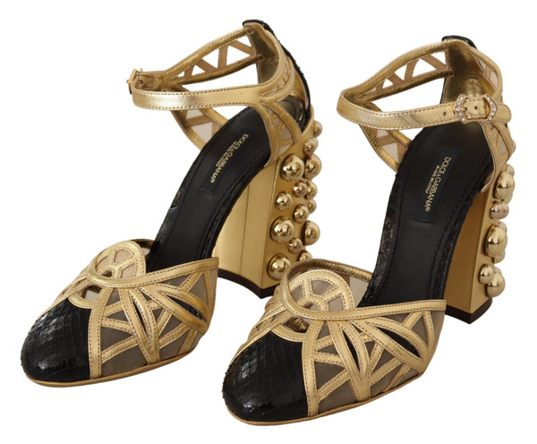 Schwarz Gold Leder Nieten Riemchen Schuhe