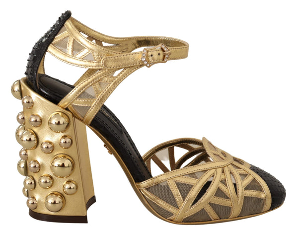 Schwarz Gold Leder Nieten Riemchen Schuhe