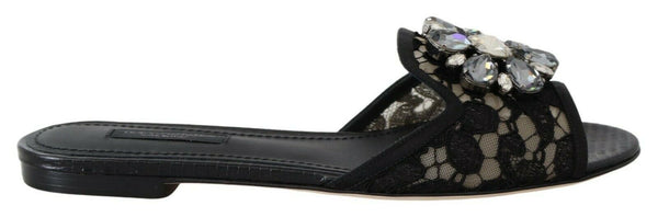 Schwarz Taormina Spitze Slides Kristalle Flats Schuhe
