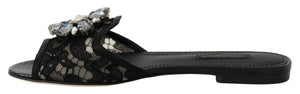 Schwarz Taormina Spitze Slides Kristalle Flats Schuhe