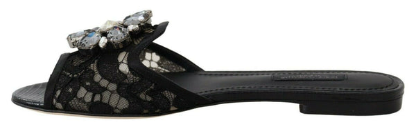 Schwarz Taormina Spitze Slides Kristalle Flats Schuhe