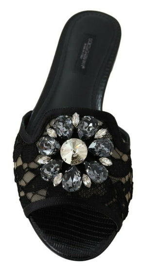 Schwarz Taormina Spitze Slides Kristalle Flats Schuhe