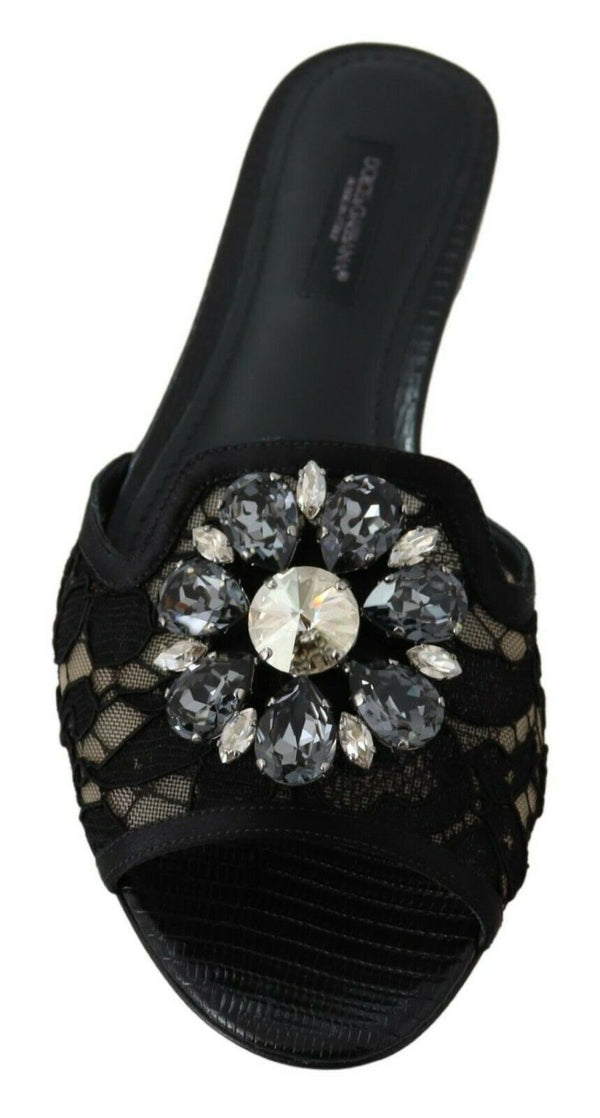 Schwarz Taormina Spitze Slides Kristalle Flats Schuhe