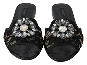 Schwarz Taormina Spitze Slides Kristalle Flats Schuhe