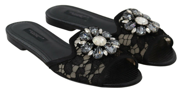 Schwarz Taormina Spitze Slides Kristalle Flats Schuhe