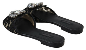 Schwarz Taormina Spitze Slides Kristalle Flats Schuhe