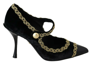 Schwarz verschönert Samt Mary Jane Pumps Schuhe