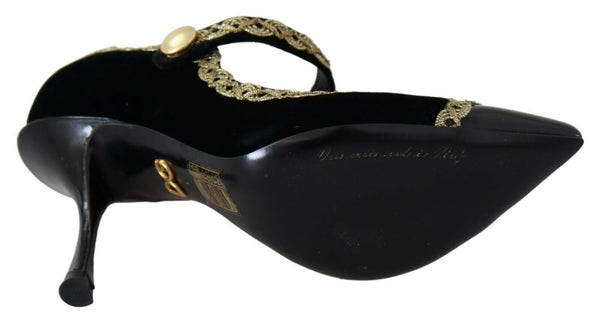 Schwarz verschönert Samt Mary Jane Pumps Schuhe
