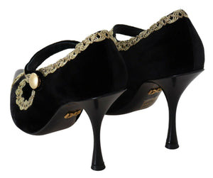 Schwarz verschönert Samt Mary Jane Pumps Schuhe