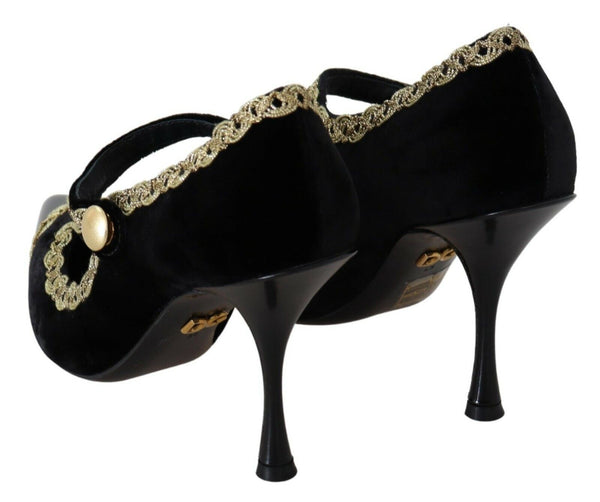 Schwarz verschönert Samt Mary Jane Pumps Schuhe