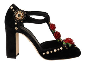 Schwarz Mary Jane Pumps Rosen Kristalle Schuhe