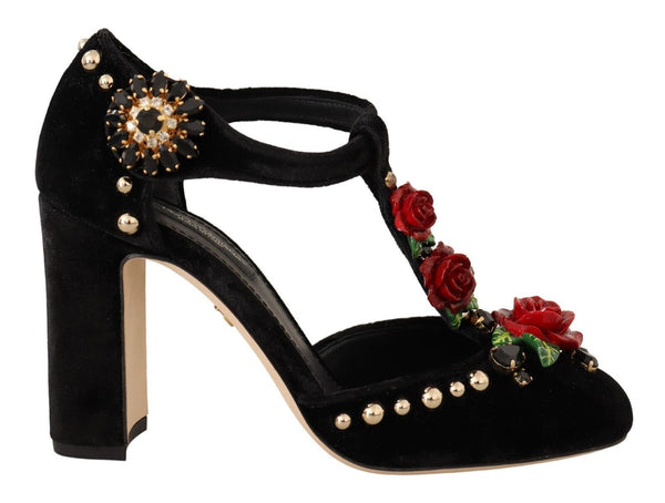 Schwarz Mary Jane Pumps Rosen Kristalle Schuhe