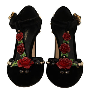 Schwarz Mary Jane Pumps Rosen Kristalle Schuhe