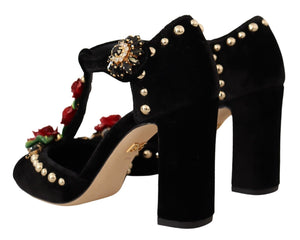 Schwarz Mary Jane Pumps Rosen Kristalle Schuhe