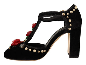 Schwarz Mary Jane Pumps Rosen Kristalle Schuhe
